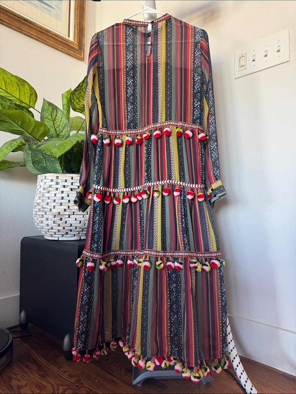 Brach Brach Pom Pom Embroidered Midi/Maxi Dress Sz S Long Sleeve colorful boho - Picture 10 of 12